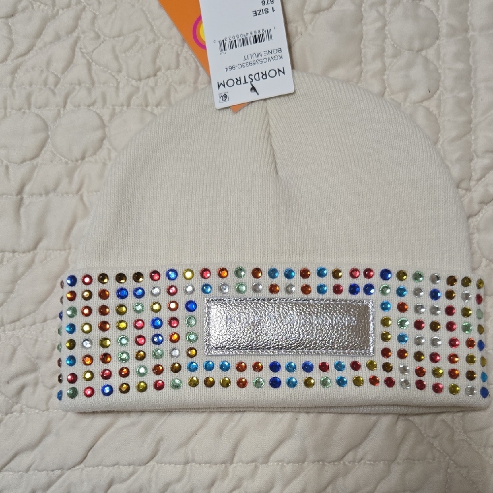 KURT GEIGER cream Rhinestone Embellished Beanie
